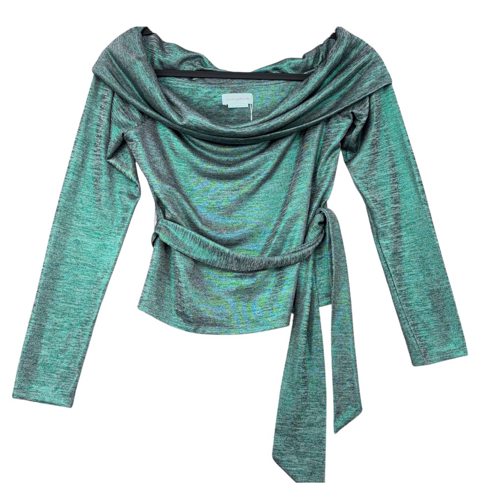 Lovers and Friends Green Metallic Cowl Neck Off Shoulder Tie Waist Top Medium